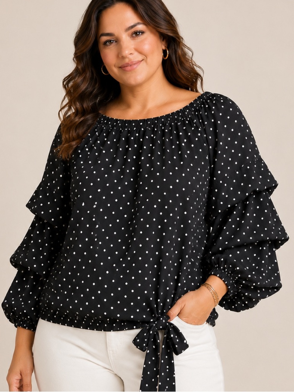 Vince Camuto Polka Dot Off Shoulder Boatneck Tie Hem Blouse 1X